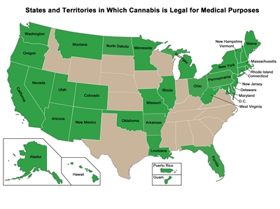 A map showing the U.S. states and territories that have approved the medical use of Cannabis.