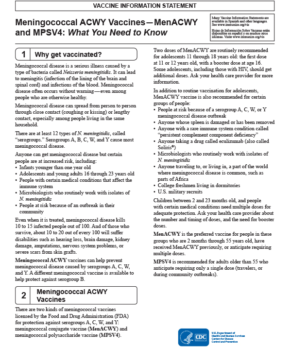 Meningococcal vaccines: What you need to know, page 1
